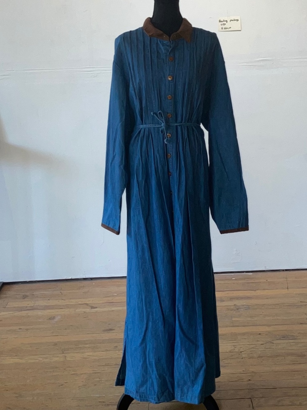 Long Blue Button-Front Maxi Dress with Brown Trim